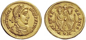 LATE ROMAN COINAGE 
 Theodosius I, 379 – 39 
 Solidus, Mediolanum 383-387, AV 4.44 g. DN THEODO – SIVS P F AVG Pearl-diademed, draped and cuirassed ...