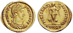 LATE ROMAN COINAGE 
 Theodosius I, 379 – 39 
 Tremissis, Constantinopolis 383-388, AV 1.49 g. D N THEODO – SIVS P F AVG Pearl-diademed, draped and c...