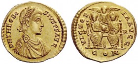 LATE ROMAN COINAGE 
 Theodosius I, 379 – 39 
 Solidus, Treveri 383-387, AV 4.45 g. DN THEODO – SIVS P F AVG Pearl-diademed, draped and cuirassed bus...