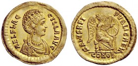 LATE ROMAN COINAGE 
 Aelia Flaccilla, wife of Theodosius I 
 Solidus, Constantinopolis 383-388, AV 4.51 g. AEL FLAC – CILLA AVG Draped bust r., with...