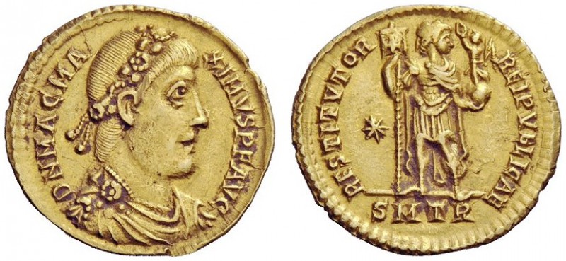 LATE ROMAN COINAGE 
 Magnus Maximus, 383 – 388 
 Solidus, Treveri 383-388, AV ...