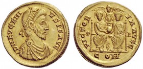 LATE ROMAN COINAGE 
 Eugenius, 392 – 394 
 Solidus, Treveri 392–394, AV 4.50 g. D N EVGENI – VS P F AVG Pearl-diademed, draped and cuirassed bust r....