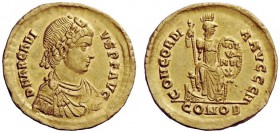 LATE ROMAN COINAGE 
 Arcadius, 383 – 408 
 Solidus, Constantinopolis 383-388, AV 4.49 g. D N ARCADI – VS P F AVG Rosette-diademed, draped and cuiras...