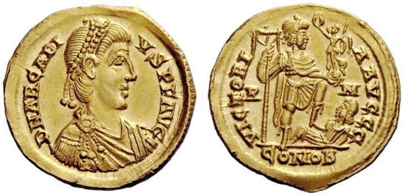 LATE ROMAN COINAGE 
 Arcadius, 383 – 408 
 Solidus, Roma 404/407-408, AV 4.48 ...
