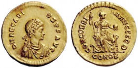 LATE ROMAN COINAGE 
 Arcadius, 383 – 408 
 Solidus, Constantinopolis 383-388, AV 4.46 g. D N ARCADI – VS P F AVG Rosette-diademed, draped and cuiras...