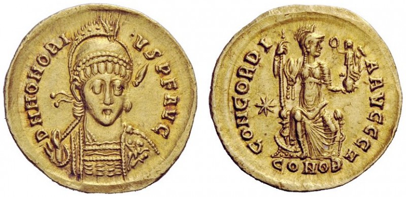LATE ROMAN COINAGE 
 Honorius, 393-423 
 Solidus, Constantinopolis 403–408, AV...