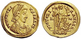 LATE ROMAN COINAGE 
 Honorius, 393-423 
 Solidus, 404-408, AV 4.41 g. D N HONORI – VS P F AVG Pearl-diademed, draped and cuirassed bust r. Rev. VICT...