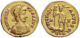 LATE ROMAN COINAGE 
 Honorius, 393-423 
 Solidus, Ravenna after 408, AV 4.36 g. D N HONORI – VS P F AVG Helmeted bust r., diademed, draped and cuira...