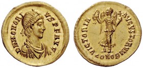 LATE ROMAN COINAGE 
 Honorius, 393-423 
 Tremissis, Constantinopolis 408-420, AV 1.48 g. D N HONORI – VS P F AVG AVG Pearl-diademed, draped and cuir...