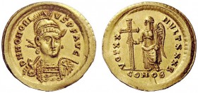 LATE ROMAN COINAGE 
 Honorius, 393-423 
 Solidus, Constantinopolis 408–422, AV 4.32 g. D N HONORI – VS P F AVG Helmeted, pearl-diademed and cuirasse...