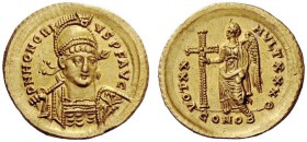 LATE ROMAN COINAGE 
 Honorius, 393-423 
 Solidus, Constantinopolis 408–422, AV 4.44 g. D N HONORI – VS P F AVG Helmeted, pearl-diademed and cuirasse...