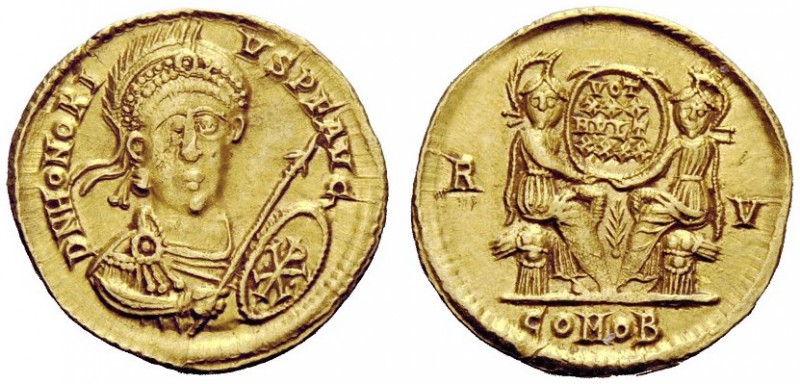 LATE ROMAN COINAGE 
 Honorius, 393-423 
 Solidus, Ravenna 421, AV 4.46 g. D N ...