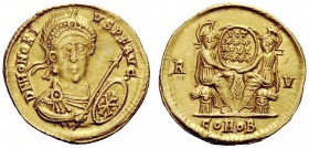 LATE ROMAN COINAGE 
 Honorius, 393-423 
 Solidus, Ravenna 421, AV 4.46 g. D N HONORI – VS P F AVG Half-figure facing, wearing pearl-diademed helmet ...