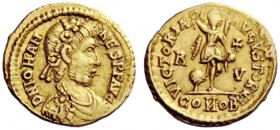 LATE ROMAN COINAGE 
 Johannes, 423 – 425 
 Tremissis, Ravenna circa 423–425, AV 1.38 g. D N IOHAN – NES P F AVG Rosette-diademed, draped and cuirass...
