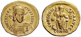 LATE ROMAN COINAGE 
 Theodosius II, 402 – 450 
 Solidus, Thessalonica 408-420, AV 4.41 g. D N THEODO – SIVS P F AVG Helmeted, draped and cuirassed b...