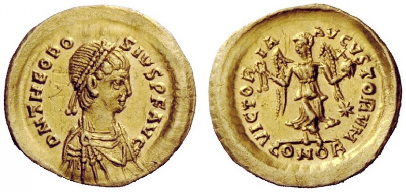 LATE ROMAN COINAGE 
 Theodosius II, 402 – 450 
 Tremissis, Constantinopolis 40...