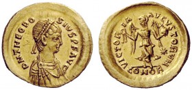 LATE ROMAN COINAGE 
 Theodosius II, 402 – 450 
 Tremissis, Constantinopolis 408-420, AV 1.47 g. D N THEODO – SIVS P F AVG Pearl-diademed, draped and...