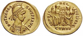LATE ROMAN COINAGE 
 Theodosius II, 402 – 450 
 Solidus, Constantinopolis 415, AV 4.41 g. D N THEODO – SIVS P F AVG Half figure r., wearing cuirass ...