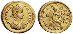 LATE ROMAN COINAGE 
 Theodosius II, 402 – 450 
 Semis, Constantinopolis circa 420 or 422, AV 2.23 g. DN THEODO – SIVS P F AVG Pearl-diademed, draped...