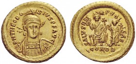 LATE ROMAN COINAGE 
 Theodosius II, 402 – 450 
 Solidus, Constantinopolis 425, AV 4.50 g. D N THEODO – SIVS P F AVG Helmeted, pearl-diademed and cui...