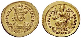 LATE ROMAN COINAGE 
 Theodosius II, 402 – 450 
 Solidus, Constantinopolis circa 430–440, AV 4.46 g. D N THEODO – SIVS P F AVG Helmeted, pearl-diadem...