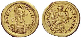 LATE ROMAN COINAGE 
 Theodosius II, 402 – 450 
 Solidus, Constantinopolis circa 430–440, AV 4.39 g. D N THEOSO – SIVS P F AVG Helmeted, pearl-diadem...