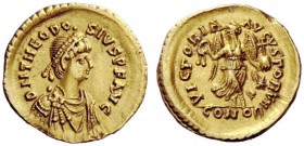 LATE ROMAN COINAGE 
 Theodosius II, 402 – 450 
 Tremissis, Constantinopolis 430-440, AV 1.46 g. D N THEODO – SIVS P F AVG Pearl-diademed, draped and...
