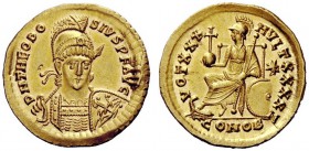 LATE ROMAN COINAGE 
 Theodosius II, 402 – 450 
 Solidus, Constantinopolis circa 430–440, AV 4.47 g. D N THEOSO – SIVS P F AVG Helmeted, pearl-diadem...