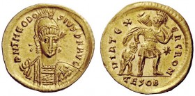 LATE ROMAN COINAGE 
 Theodosius II, 402 – 450 
 Solidus, Thessalonica circa 441-442, AV 4.43 g. D N THEODO – SIVS P F AVG Helmeted, pearl-diademed a...