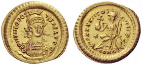 LATE ROMAN COINAGE 
 Theodosius II, 402 – 450 
 Solidus, Constantinopolis 441-450, AV 4.46 g. D N THEODOSI – VS P F AVG Pearl diademed, helmeted and...