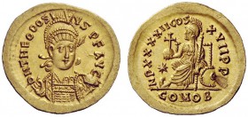 LATE ROMAN COINAGE 
 Theodosius II, 402 – 450 
 Solidus, Constantinopolis 441-450, AV 4.47 g. D N THEODOSI – VS P F AVG Pearl diademed, helmeted and...