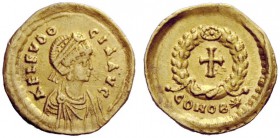 LATE ROMAN COINAGE 
 Aelia Eudocia, wife of Theodosius II 
 Tremissis, Constantinopolis circa 423, AV 1.34 g. AEL EVDO – CIA AVG Pearl-diademed and ...