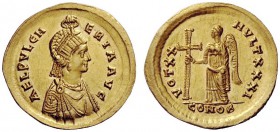 LATE ROMAN COINAGE 
 Aelia Pulcheria, sister of Theodosius II 
 Solidus, Constantinopolis 423–429, AV 4.20 g. AEL PVLCH – ERIA AVG Pearl-diademed, d...