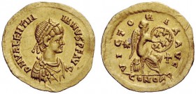 LATE ROMAN COINAGE 
 Valentinian III, 425 – 455 
 Semissis, Constantinopolis 425-430, AV 2.22 g. D N VALENTIN – IANVS P F AVG Pearl-diademed, draped...