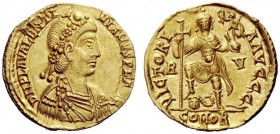 LATE ROMAN COINAGE 
 Valentinian III, 425 – 455 
 Solidus, Ravenna 430-445, AV 4.40 g. D N VALENTI – NIANVS P F AVG Rosette-diademed, draped and cui...