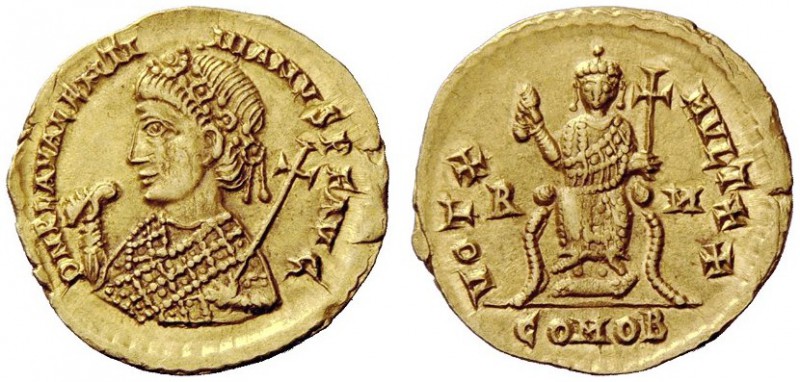 LATE ROMAN COINAGE 
 Valentinian III, 425 – 455 
 Solidus 435, AV 4.42 g. D N ...