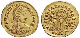 LATE ROMAN COINAGE 
 Valentinian III, 425 – 455 
 Semissis 435-436, AV 2.19 g. D N PLA VALENTINIANVS P F AVG Rosette-diademed, draped and cuirassed ...