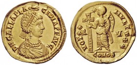LATE ROMAN COINAGE 
 Galla Placidia, mother of Valentinian III 
 Solidus, Ravenna circa 426-430, AV 4.40 g. D N GALLA PLA – CIDIA P F AVG Pearl-diad...
