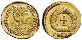 LATE ROMAN COINAGE 
 Galla Placidia, mother of Valentinian III 
 Tremissis, Ravenna or Roma 455, AV 1.45 g. D N GALLA PLA – CIDIA P F AVG Pearl diad...