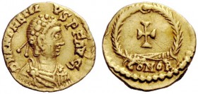 LATE ROMAN COINAGE 
 Anthemius, 467 – 472 
 Tremissis circa 468, AV 1.39 g. D N ANTHEMI – VS P F AVG Pearl diademed, draped and cuirassed bust r. Re...