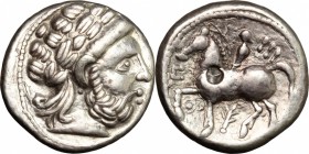 Celtic World. The Scordisci. AR Tetradrachm imitating Philip II of Macedon, 'Roman numeral' type. Syrmia, first half of 3rd cent. BC. D/ Head of Zeus ...
