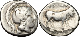 Greek Italy. Central and Southern Campania, Hyrietes. AR Stater, 400-390 BC. D/ Helmeted head of Athena right. R/ Man-headed bull standing right. HN I...