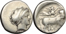 Greek Italy. Central and Southern Campania, Neapolis. AR Didrachm, c. 300 BC. D/ Female head right. R/ Man-headed bull right; above, Nike flying right...
