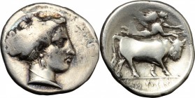 Greek Italy. Central and Southern Campania, Neapolis. AR Stater, 300-260 BC. D/ Head of nymph right. R/ Man-headed bull advancing right; above, Nike f...