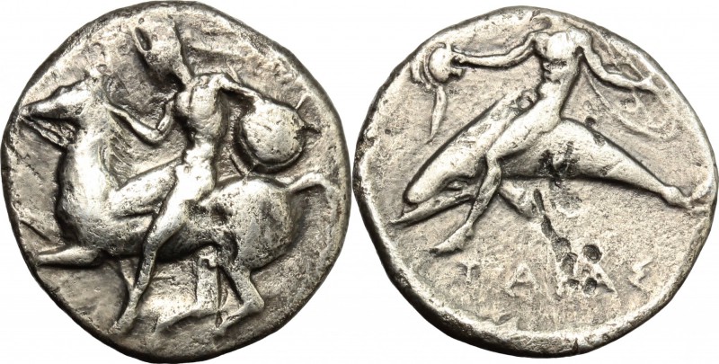 Greek Italy. Southern Apulia, Tarentum. AR Nomos, 425-380 BC. D/ Horseman left, ...