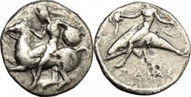Greek Italy. Southern Apulia, Tarentum. AR Nomos, 425-380 BC. D/ Horseman left, dismounting, carrying shield. R/ Phalantos riding on dolphin left, hol...