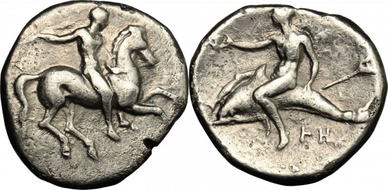 Greek Italy. Southern Apulia, Tarentum. AR Nomos, 332-302 BC. D/ Horseman right,...