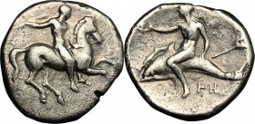 Greek Italy. Southern Apulia, Tarentum. AR Nomos, 332-302 BC. D/ Horseman right, holding whip. R/ Phalantos riding on dolphin left, holding kantharos;...