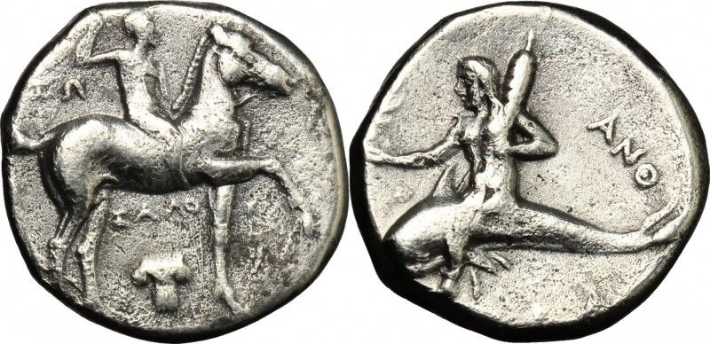 Greek Italy. Southern Apulia, Tarentum. AR Nomos, 280-272 BC. D/ Horseman right,...