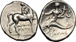 Greek Italy. Southern Apulia, Tarentum. AR Nomos, 272-240 BC. D/ Horseman right, crowning his horse. R/ Phalantos riding on dolphin left, holding kant...